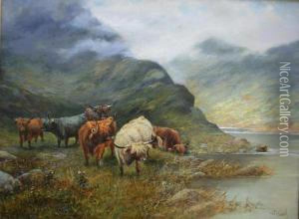 Highland Cattle By A Loch Oil Painting - Octavius Thomas Clark