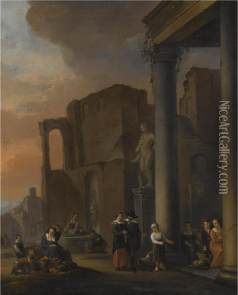 A Capriccio Scene With Classical Ruins And Figures Selling Fruit And Vegetables In The Foreground Oil Painting - Anton Goubau