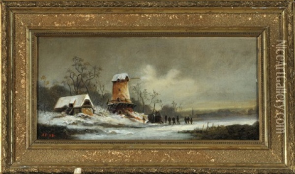 Winterlandschaft Mit Windmuhle Und Personen Auf Dem Eis Oil Painting - August Fink