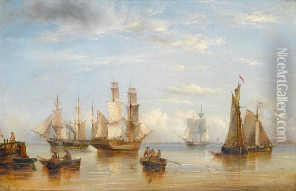 Vessels Drying Their Sails Offshore In A Flatcalm Oil Painting - Henry Redmore