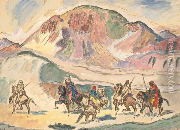 Reitergruppe Vor Gebirge (algerien) Oil Painting - Rene Beeh