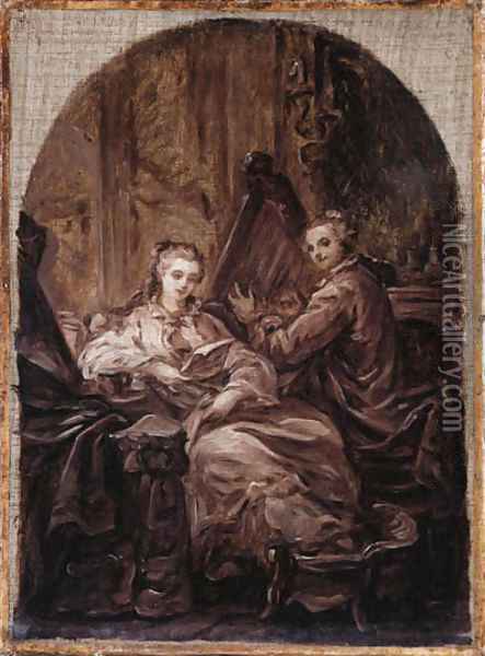 An interior with a man playing a harp and a woman reading beside him Oil Painting - Jean Baptiste Greuze