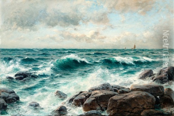 Breaking Waves On The Beach Oil Painting - Berndt Adolf Lindholm