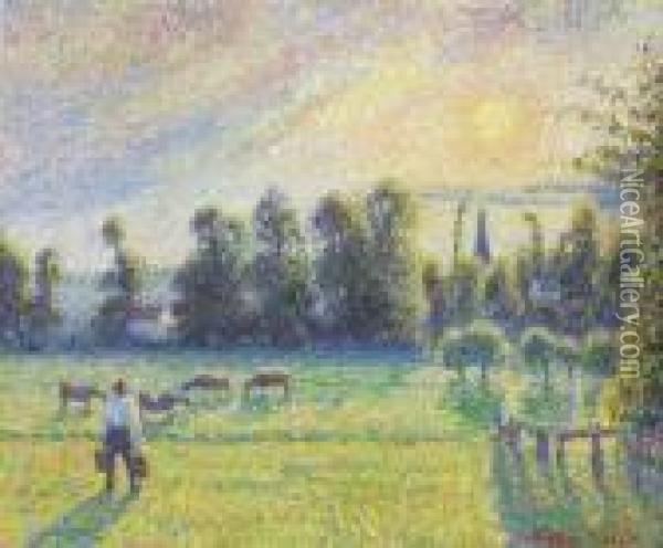 Paturage, Coucher De Soleil, Eragny Oil Painting - Camille Pissarro