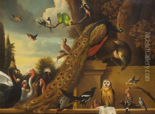 Gathering Of Birds In A Landscape Oil Painting - Melchior de Hondecoeter