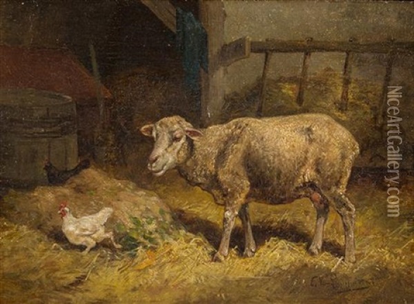 Sheep And Chicken In Barnyard Oil Painting - Cornelis van Leemputten