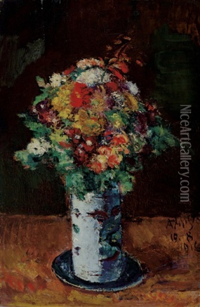 Blumenstraus In Walzenkrug Auf Teller Oil Painting - Anton Faistauer