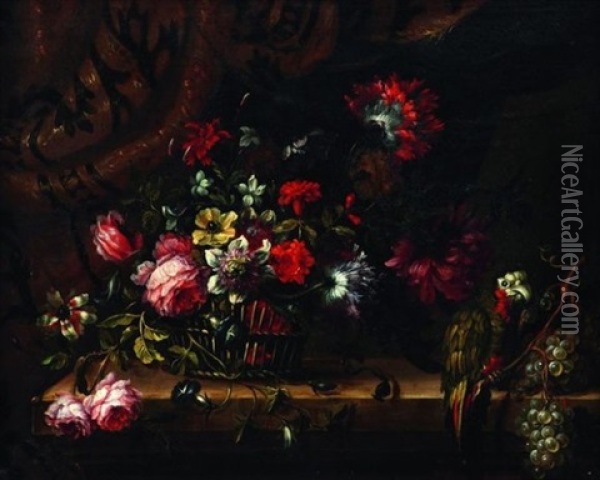 Corbeille De Fleurs Au Perroquet Oil Painting - Juan De Arellano