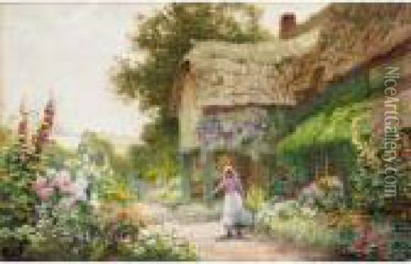 Watering The Flowers At Manor Cottage, Midhurst Oil Painting - Arthur Claude Strachan