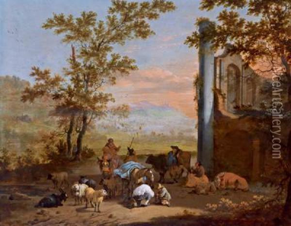 Contadini In Sosta Con Il Bestiame Presso Un Antico Pozzo Oil Painting - Jan Frans Soolmaker