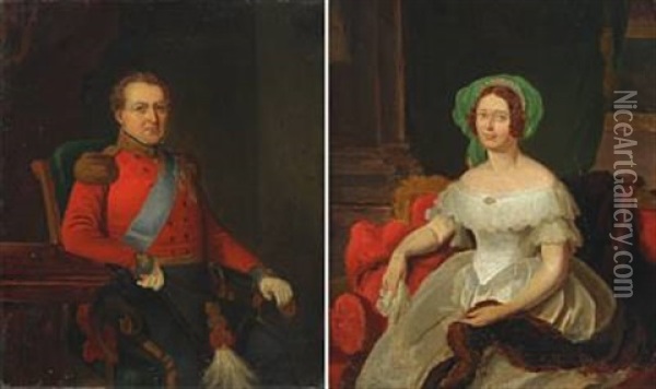 Portrait Of King Chr. Viii (+ Portrait Of Queen Caroline Amalie; Pair) Oil Painting - Emilius Baerentzen