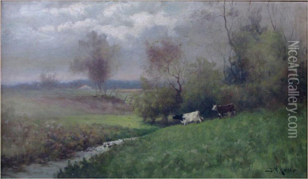 Cows In Pasture Near Stream Oil Painting - D.V. Keller