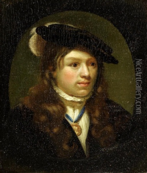 Portrait Of A Boy, Bust-length, In A Feathered Cap, Within A Painted Oval Oil Painting - Carel de Moor