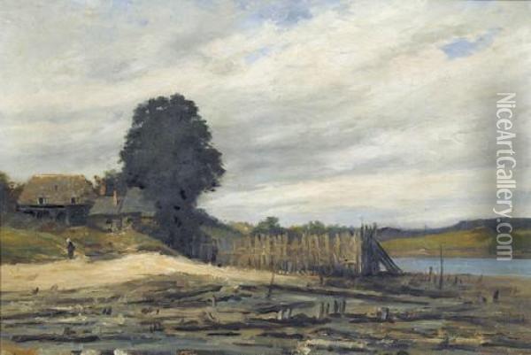 Seeuferpartie Mit Gehoft Und Bauerin Oil Painting - Adolphe Felix Cals