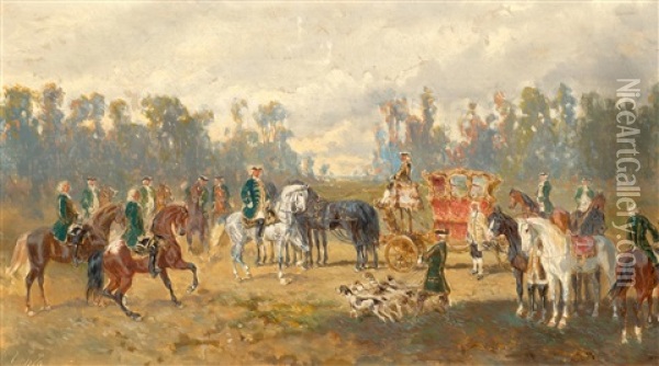 Series Of Three Courtly Hunting Scenes: Versammlung Der Jager / Der Kronenzwolfender / Heimkehr Der Jager Oil Painting - Alexander Franz Von Bensa