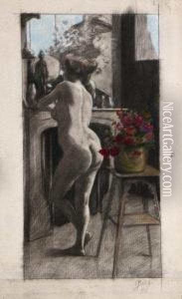 Femme Nue De Dos Accoudee A La Cheminee Oil Painting - Leopold Gottlieb