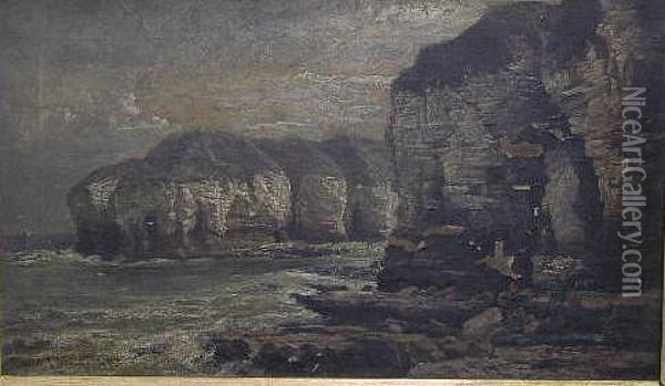 Fisherfolk With The Day's Catch In A Rocky Cove Oil Painting - George Cammidge
