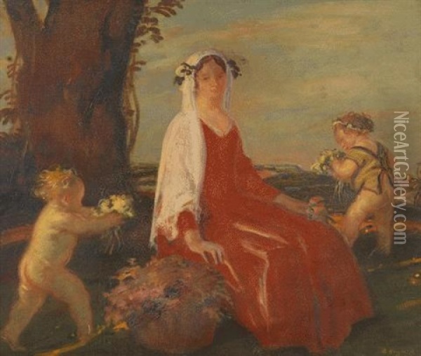 Weibliche Allegorie Mit Zwei Putti Oil Painting - Adolf Hengeler
