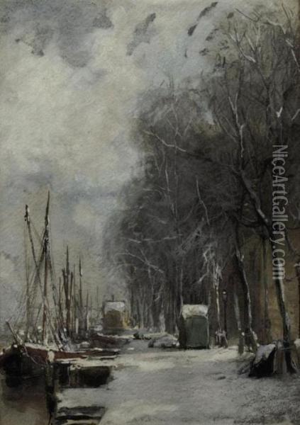A Quay In Winter Oil Painting - Johann Hendrik Van Mastenbroek