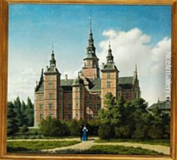A Young Couple In Renaissance Costumes In Front Of Rosenborg Castle In Copenhagen Oil Painting - Heinrich Hansen