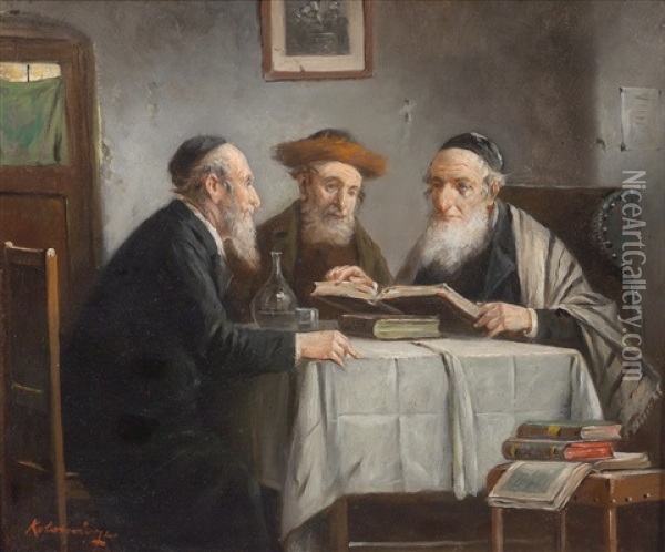 Drei Judische Gelehrte Oil Painting - Lajos Koloszvary