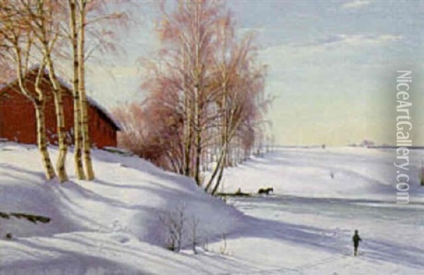 Vinterdag Med Slaedekorsel Og Skilober Oil Painting - Sigvard Marius Hansen