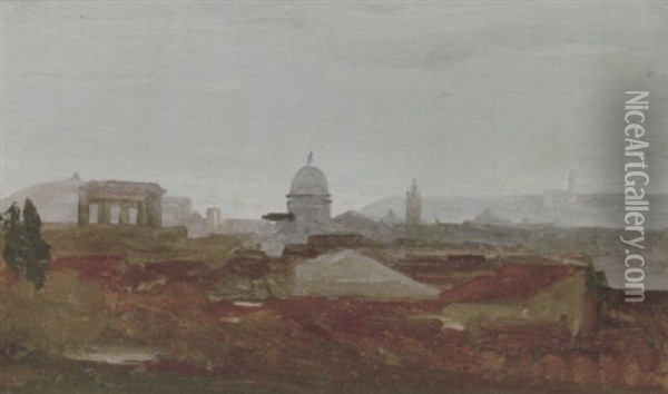 A View Overlooking A City, Roman Ruins And A Cupola Visible On The Horizon Oil Painting - Theodore Claude Felix Caruelle d' Aligny