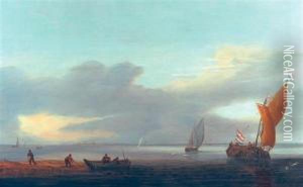 Ships On A Tranquil Sea. Oil Painting - Hieronymous Van Diest