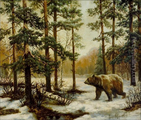 Karhu Metsamaisemassa. Oil Painting - Wladimir Leonidovich Murawjoff