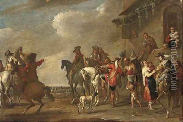 Cavalrymen at halt by an inn Oil Painting - Cornelis de Wael