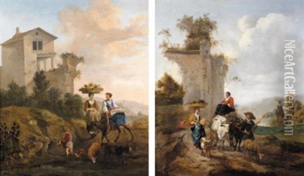 Italianate Landscape With Drovers And Their Animals Carrying Their Produce To Market (+ Another, Similar; Pair) Oil Painting - Hendrick Mommers