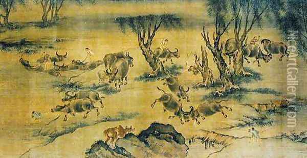 Water Buffaloes and Herd Boys, Chinese, 1368-1463 Oil Painting - Anonymous Artist