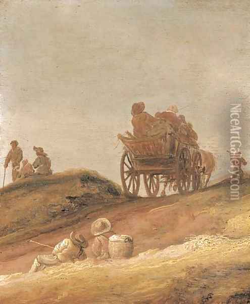 A dune landscape with peasants in a horsedrawn cart and travellers resting on a path Oil Painting - Jan van Goyen