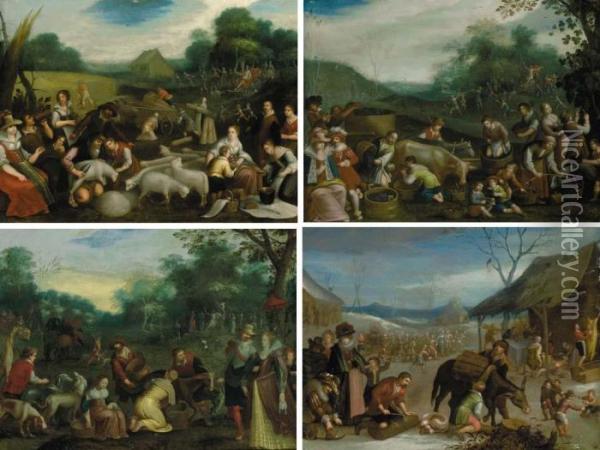 The Four Seasons, With Triumphs Of The Seasons In The Backgrounds Oil Painting - Louis de Caullery