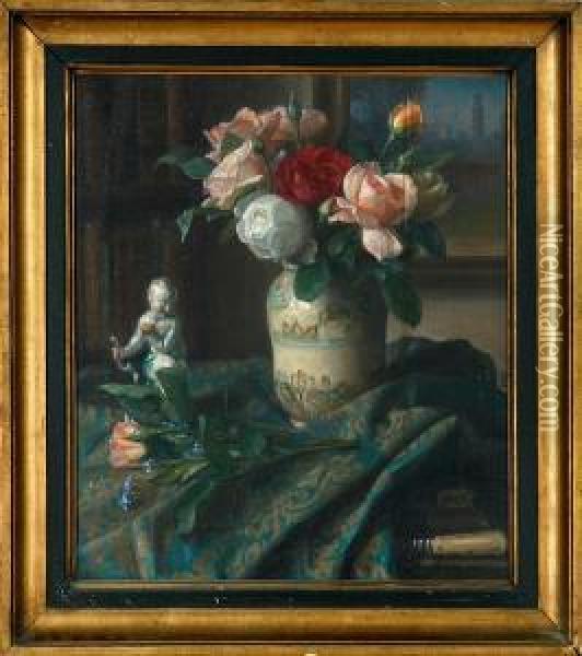A Still Life With Red, White And Pink Roses In A Vase On A Table Oil Painting - Christian Berthelsen