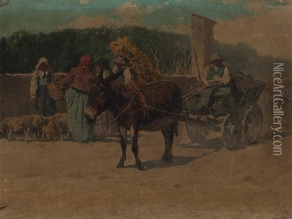 Farmer On Donkey Cart Oil Painting - Pietro Pajetta