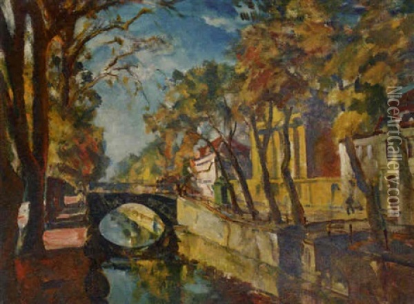 A Dutch Canal Oil Painting - Ulrich Huebner