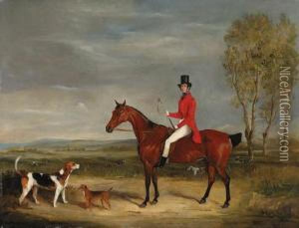 A Huntsman On A Bay Hunter With Hounds And A Terrier In Anextensive Landscape Oil Painting - Francis Calcraft Turner