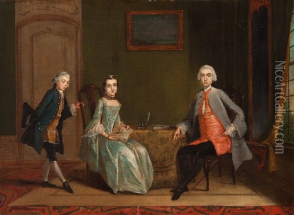 Portrait Of An Unknown Couple And Their Servant In An Interior Oil Painting - Jacob Buys