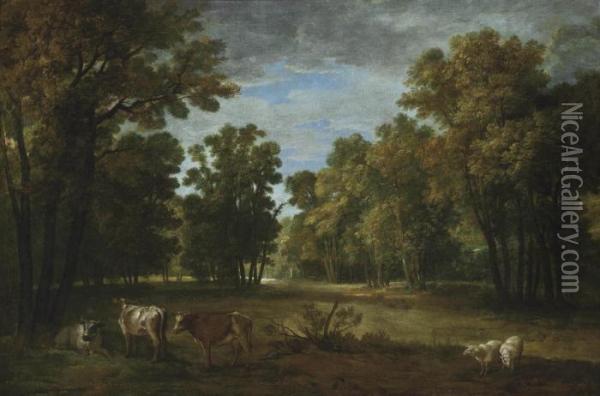 A Wooded Landscape With Cattle And Sheep, A Statue In The Clearing Beyond Oil Painting - Jean-Baptiste Oudry