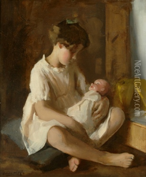 Young Girl With Doll Oil Painting - Leslie Andrew Wilkie