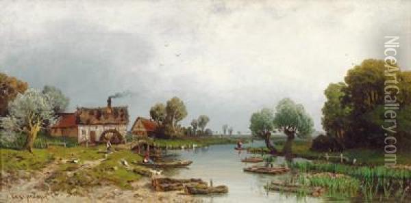 Flusslandschaft Mit Gansen Oil Painting - Carl Johann Kruger