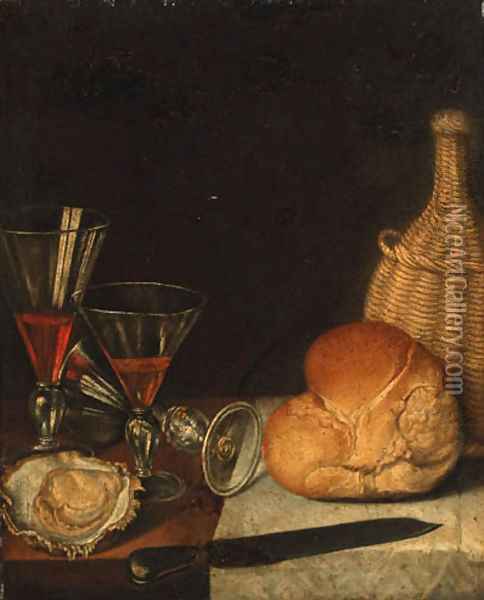Wine glasses, an oyster, a loaf of bread, a wine bottle and a knife on a partially draped table Oil Painting - Gotthardt von Wedig