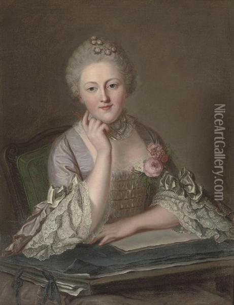 Portrait Of A Lady, Seated, Half-length, At A Table Holding A Pen In Her Right-hand Oil Painting - Carle van Loo