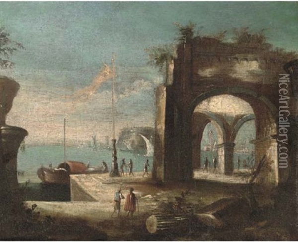 Figures On A Quayside Before A Ruined Arch Oil Painting - Leonardo Coccorante