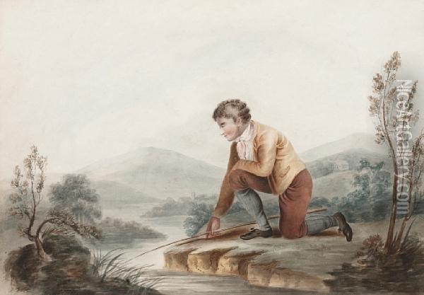 Young Man With A Fishing Rod By A Stream Oil Painting - Richard Westall