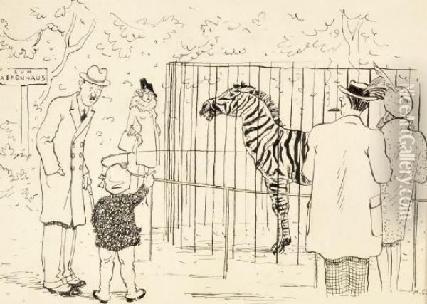 Leute Betrachten Ein Zebra Im Zoo Oil Painting - Martin Claus