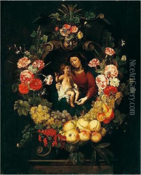 A Still Life Of A Garland Of Fruit And Flowers Around The Virgin And Child Oil Painting - Frans Ykens