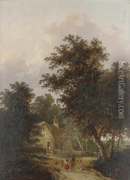 Figures Outside A Cottage; And Driving Home The Sheep Oil Painting - Henry John Boddington