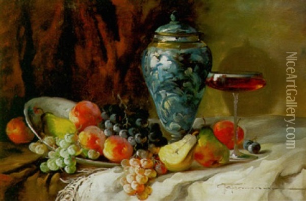 Fruchtestilleben Neben Weis-blauer Deckelvase Oil Painting - Louise Ellen Perman